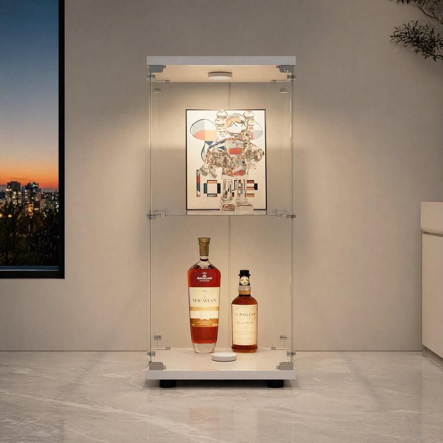 SHOPENTRA Moderne Wit Vitrinekast met 2 Lagen – Gehard Glas en LED Verlichting Stijlvolle Displaykast voor Woonkamer of Winkel - Foto 2