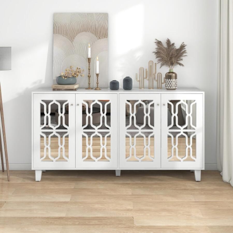SHOPENTRA Witte spiegel dressoir met kristallen handgrepen – 4 deuren verstelbare legplanken 160x40x84 cm – Luxe sideboard voor woonkamer & eetkamer
