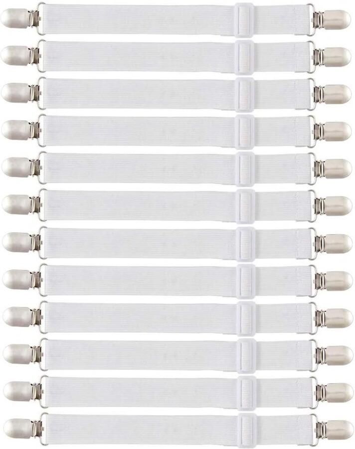 ShopHaven 12x Laken Spanners met Metalen Clips – Verstelbare Hoekspanners – Elastische Lakenhouders – Hoeslaken Klemmen – Voor Bed Matras Bank Strijkplank – Wit – Anti-Slip Lakenbinder Set