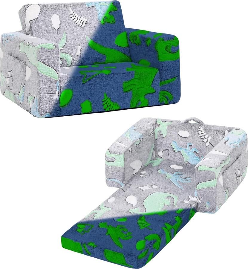 ShopHaven 2-in-1 Kinderbank Sofa Phosphorescerende Slaapstoel voor Peuters Opvouwbare Kinderstoel Speelbank met Zijkussens en Verwijderbare Hoezen voor Meisjes