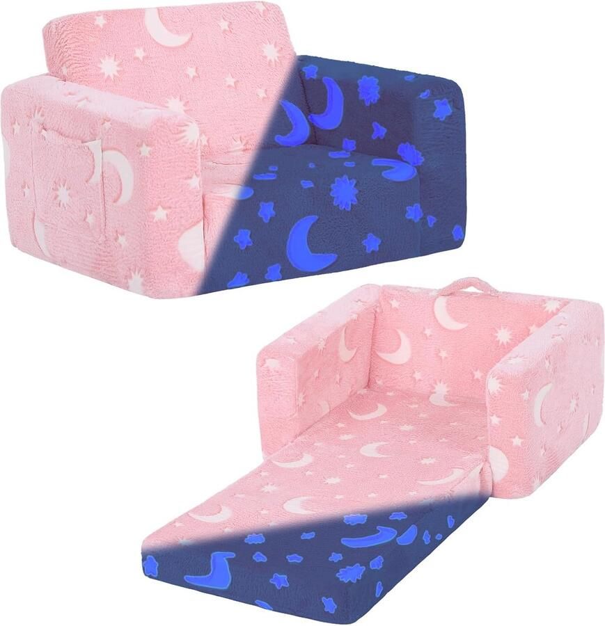 ShopHaven 2-in-1 Kinderbank Stoel Phosphorescerende Slaapstoel voor Peuters Opvouwbare Kinderstoel met Zijkussens en Verwijderbare Hoezen Omkeerbare Speelbank met Armleuningen Perfect voor Meisjes