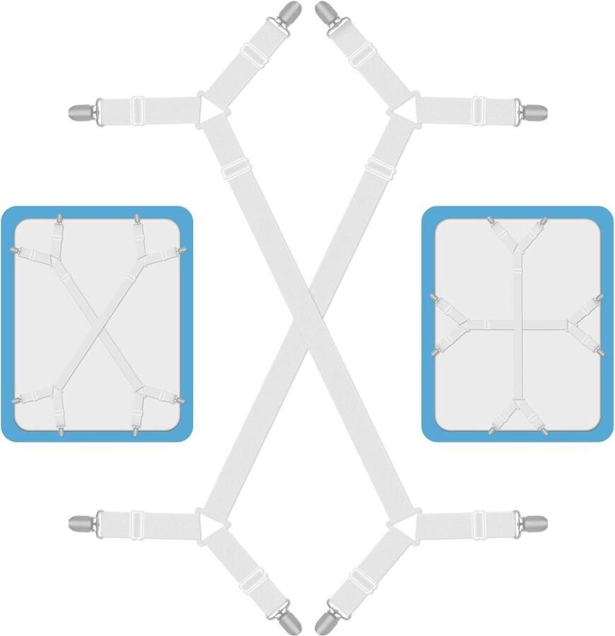 ShopHaven 2x Elastische Lakenhouders met Metalen Clips – Verstelbare Hoekspanners – Bedlaken Strakker – Anti-Slip Laken Klemmen – Bed- en Bankbescherming – Wit