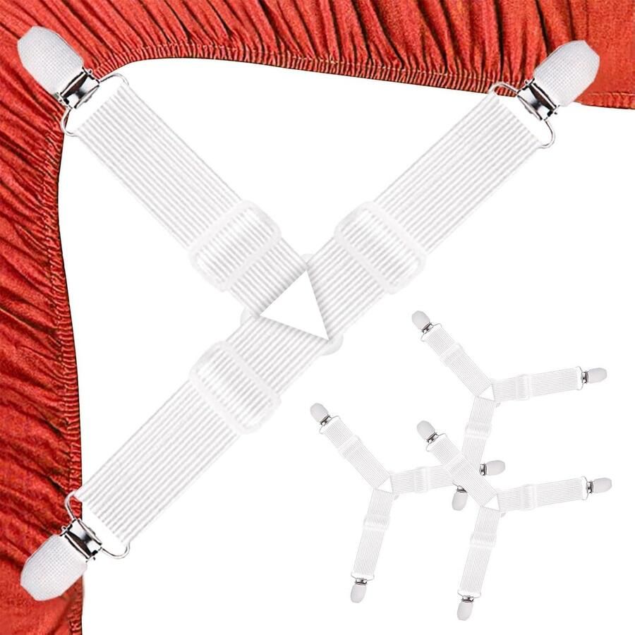 ShopHaven 4-delige Set Bedbinder Hoekstraps – Verstelbare Lakenhouders met Metalen Clips – Witte Elastische Driehoekige Spanners – Voor Hoeslakens Matrassen Strijkplankhoezen en Bankhoezen Ask ChatGPT