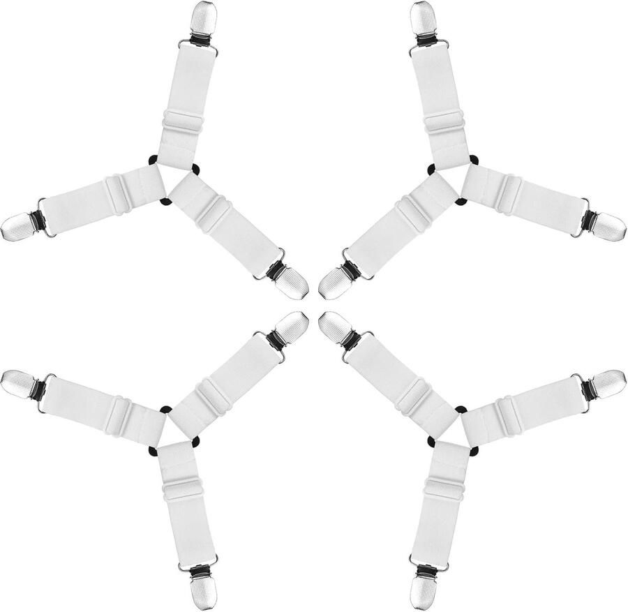 ShopHaven 4 Stuks Lakenhouders met 3 Klemmen – Verstelbare Elastische Hoekbanden – 3-Punts Bevestiging – Hoeslaken Spanners – Antislip Lakenclips – Voor Bed Matras Bankkussen – Wit Ask ChatGPT