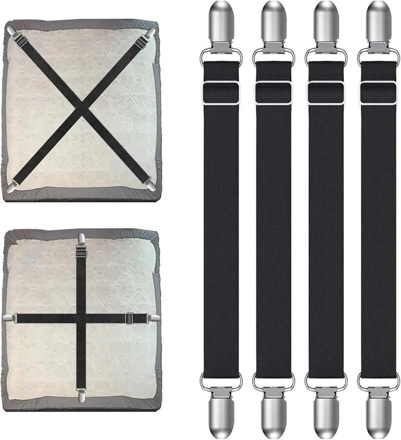 ShopHaven 4 Verstelbare Laken Spanners met Siliconen Bescherming – Zwarte Hoeslaken Clips – Antislip Bedbinder met Clip – Voor Beddengoed Tafelkleden Lakens en Matrassen – Lakenhouder Tegen Vouwen en Verschuiven Ask ChatGPT