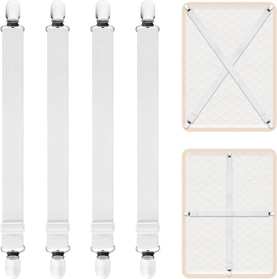 ShopHaven 4x Verlengde Laken Clips – Verstelbare Elastische Hoekbanden met 2 Metalen Clips – Lakenhouders voor Matrassen Bankkussens en Bedtextiel – Bedbinder Set – Wit – Anti-Slip Hoekspanners