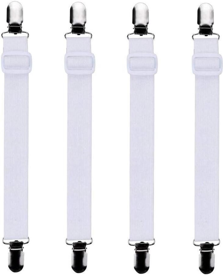 ShopHaven 4x Verstelbare Laken Spanners – 60 tot 200 cm – Elastische Hoekspanners met Metalen Clips – Lakenhouders voor Hoeslakens en Matrassen – Bedbinder Set – Wit – Anti-Slip Tensioners