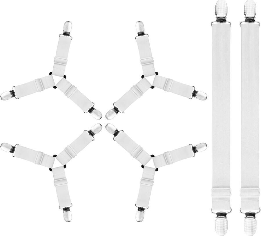 ShopHaven 6-delige Set Lakenhouders met Clips Verstelbare Hoekbanden met 3-Punts en 2-Punts Bevestiging Elastische Lakenstraps Matrashouders voor Hoeslakens Anti-Slip Lakenbinders Sofa- en Kussenbevestiging Wit Ask ChatGPT