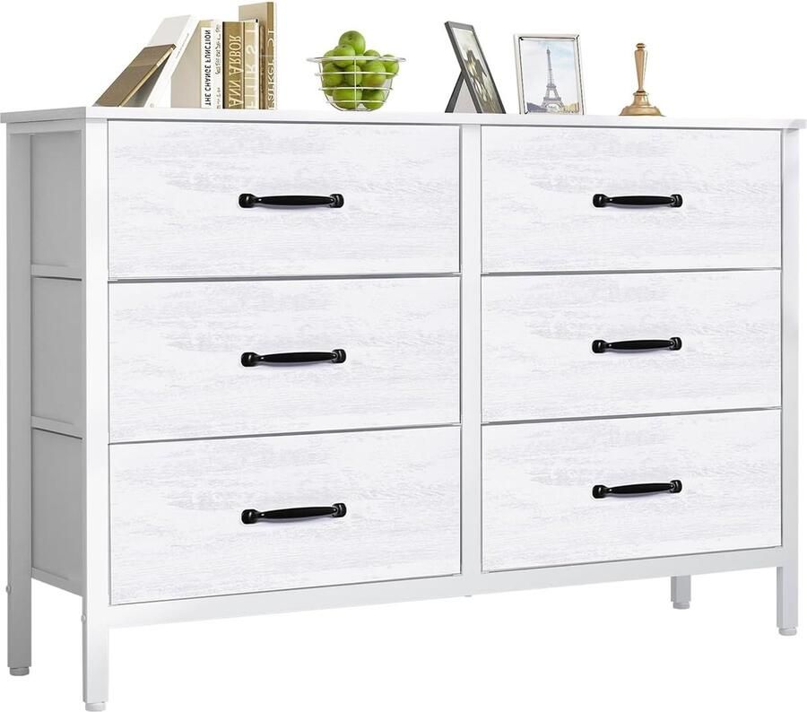 ShopHaven 6 Ladenkast met Stoffen Lades Witte Kast voor Slaapkamer Opbergkast voor Keuken Kantoor Hal TV Kast met Lades Multifunctionele Meubel voor Woonkamer en Kantoor