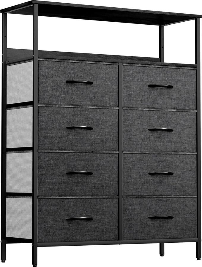 Ladekast met 8 laden voor slaapkamer stoffen dressoir opbergladen met handgrepen metalen frame voor woonkamer hal kinderkamer zwart grijs