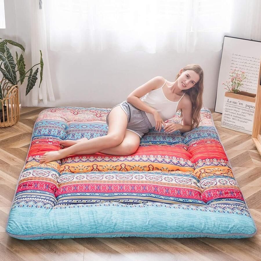 ShopHaven Bohemian Futon Matras Vintage Japanse Vloermat met Bloemenpatroon Opvouwbaar Logeerbed Dikke Slaapmat Draagbaar Campingbed Tatami Mat 90x190 cm