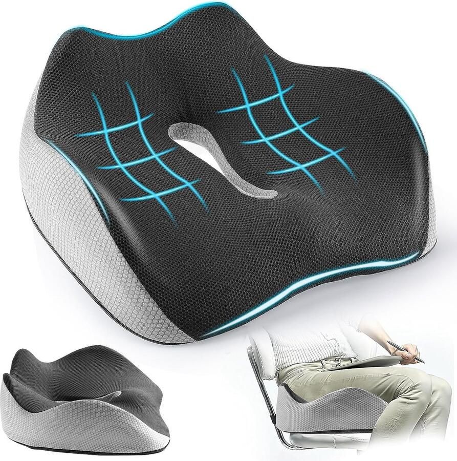 ShopHaven Coccyx Kussen Verstelbaar Traagschuim Zitkussen Vermindert Ischias Staartbeen en Rugpijn Stoelkussen met Antislip Onderkant Wasbare Hoes Ergonomisch Zitkussen voor Bureaustoel Rolstoel (Grijs)