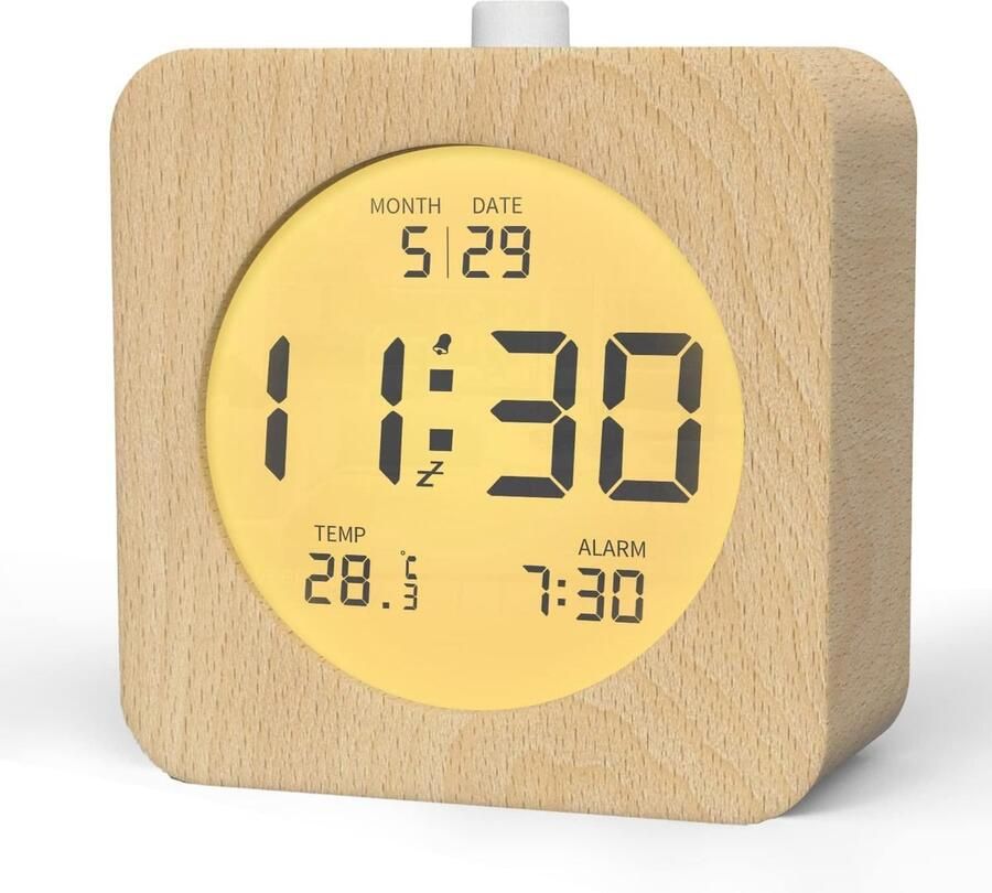 ShopHaven Digitale Houten Wekker met LCD Display Nachtkast Wekker met Sluimerfunctie en Nachtlampje Batterijgevoede Klok voor Slaapkamer Compact Design Licht Hout