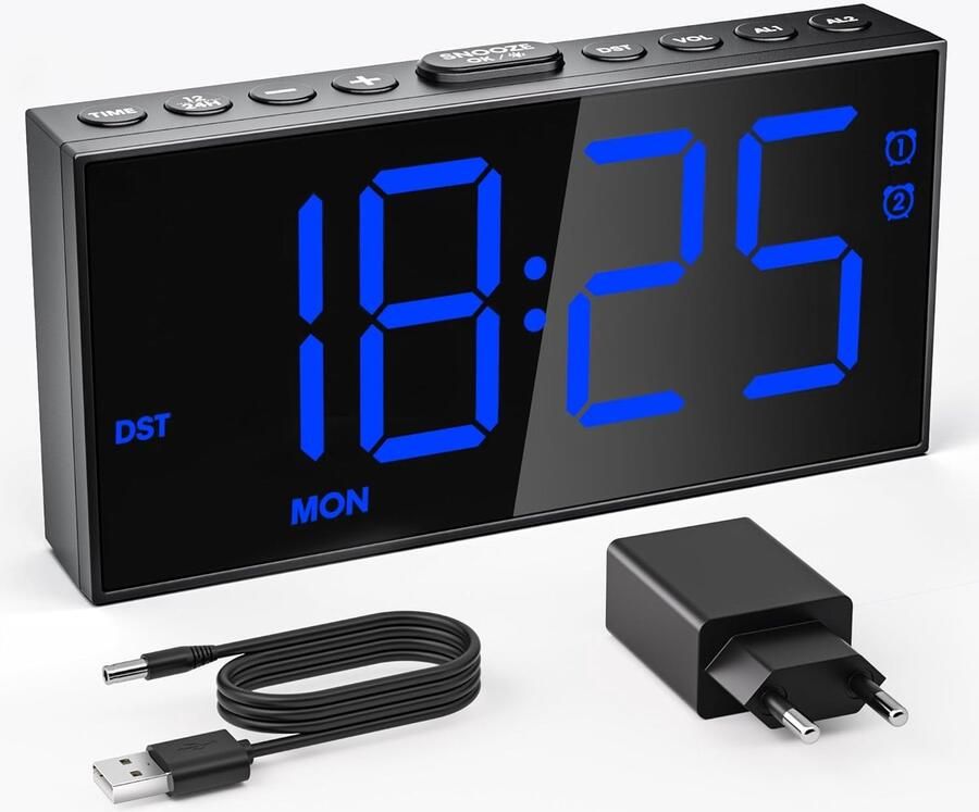 ShopHaven Digitale Wekker met Twee Alarmtijden Oplaadbare Elektronische Alarmklok 12 24 Uur Tijdweergave Zomertijd Functie 5 Helderheidsniveaus Verstelbaar Volume Nachtkastje Klok met Blauw LED Licht Zwart