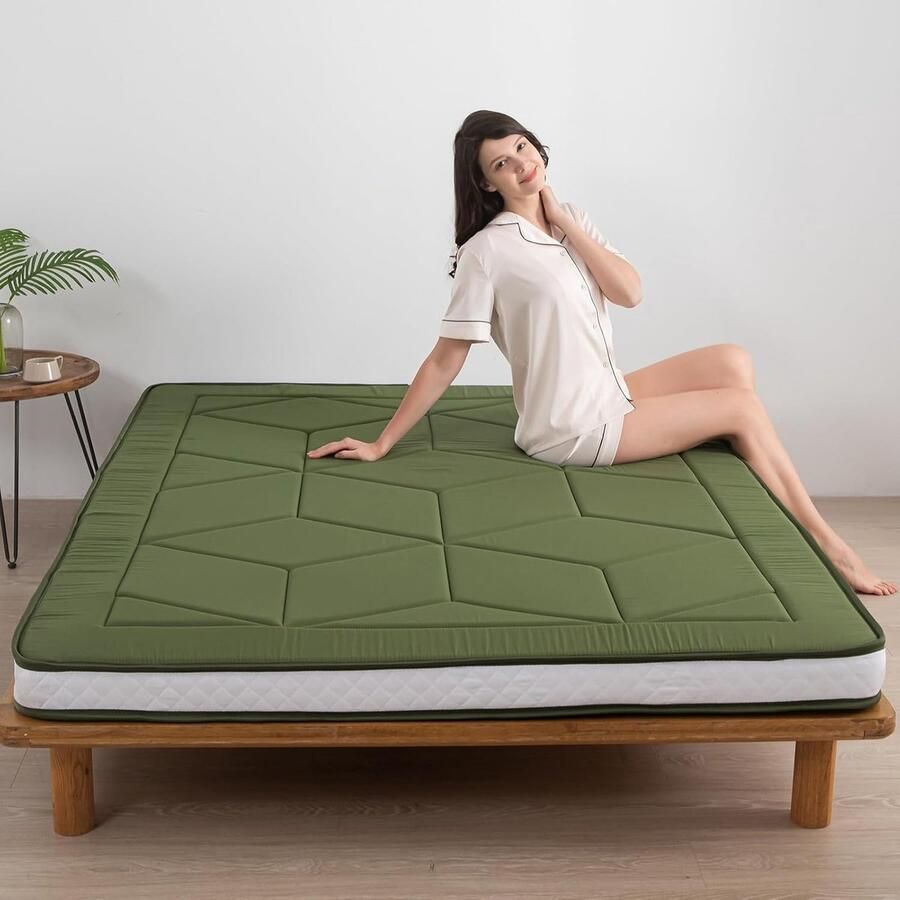ShopHaven Dikke Futon Matras Opvouwbaar Slaapmatras voor Volwassenen Japanse Stijl Slaapmat Geometrisch Patroon Groen Dubbel Comfortabel Vloermatras Geschikt voor Logeren Camping en Yoga