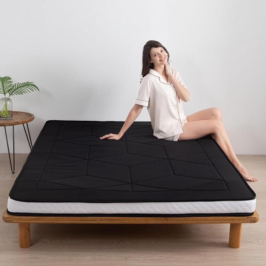 ShopHaven Dikke Futon Vloermatras Opvouwbaar Slaapmatras voor Volwassenen Japanse Tatami Mat Roll-Up Logeermatras Camping Slaapbed met Geometrisch Patroon Zwart Tweepersoons - Foto 2