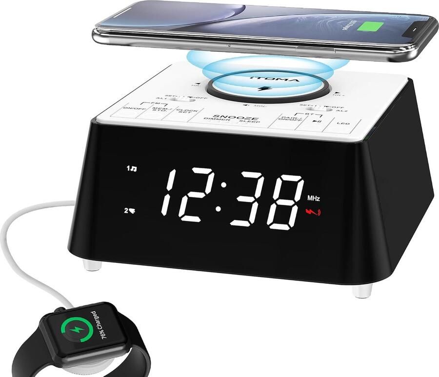 ShopHaven Draadloze Oplaadbare Wekkerradio met Bluetooth Speaker FM Radio voor op het Nachtkastje Dubbel Alarm met Snooze USB Opladen Nachtlamp en Dimbaar Display
