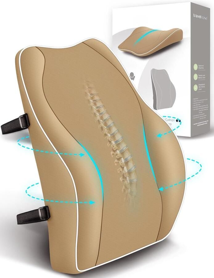 ShopHaven Ergonomisch Rugkussen met Traagschuim Ondersteunend Rugsteun Kussen Voor Auto Bureaustoel Gaming Stoel Antistatische Hoes Verstelbare Dubbele Banden Khaki