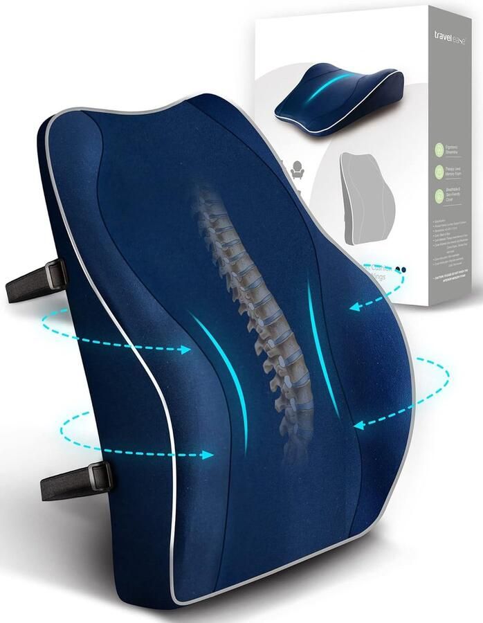 ShopHaven Ergonomisch Rugkussen met Traagschuim Ondersteuning voor Autostoel Bureaustoel & Gamingstoel Rugsteun met Antistatische Hoes Dubbele Verstelbare Banden Donkerblauw