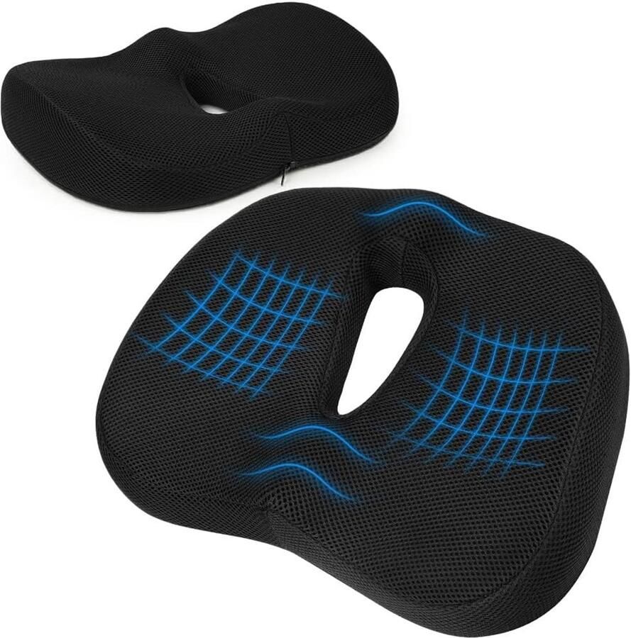 ShopHaven Ergonomisch Zitkussen met Traagschuim Ademend & Antislip Coccyx Zitsteun voor Lage Rugpijn & Ischias Stoelkussen voor Bureau Auto & Rolstoel Afneembare Wasbare Hoes Zwart