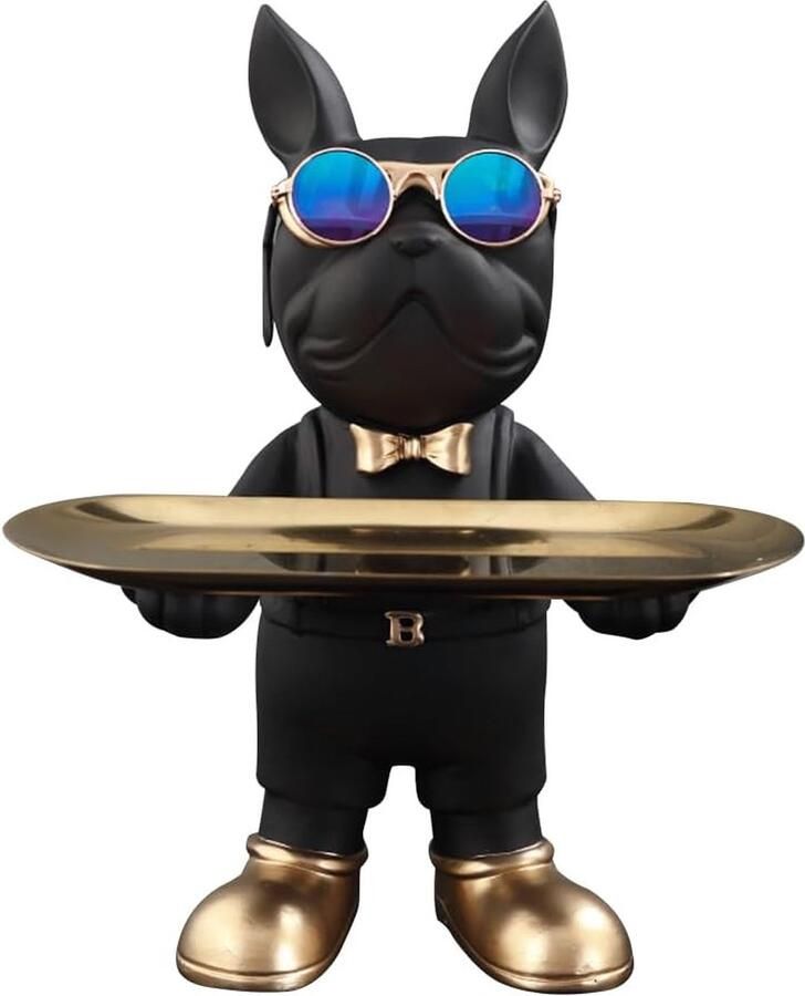ShopHaven Franse Bulldog Decoratieve Beeldje Hars Sculptuur met Dienblad Desk Ornament voor Boekenkast Kantoor en Woonkamer Stijlvolle Hondenfiguur