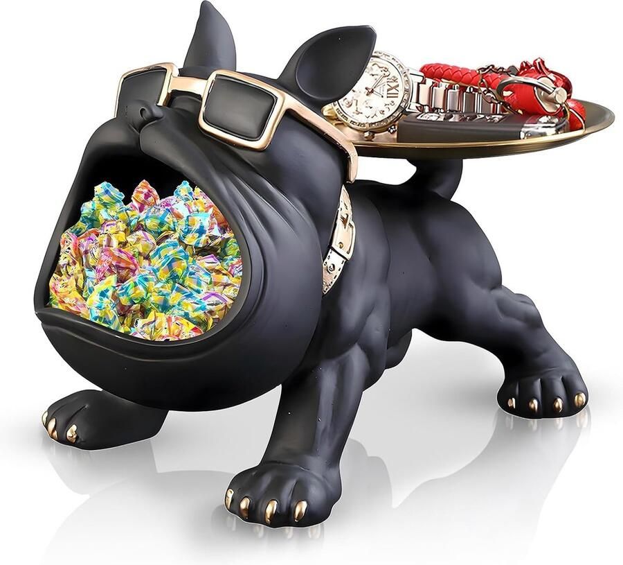 ShopHaven Franse Bulldog Resin Beeldje met Opbergbak Decoratief Hondenbeeld Bureau Organizer Woondecoratie Multifunctionele Opbergtray Speelse Interieuraccessoire