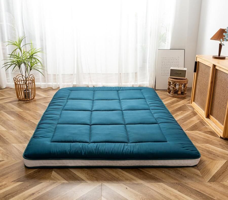 ShopHaven Futon Matras Gequilte Japanse Vloermatras Extra Dikke Gequilte Opvouwbare Slaapkussen Ademend Vloerloungebed Logeerbed (Bluestone Enkel) Maatnaam: Twin