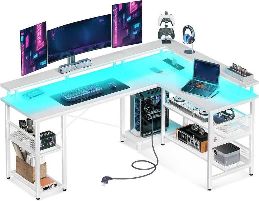 ShopHaven Gaming Bureau met LED Omkeerbaar Gaming Bureau met 2 Stopcontacten en 2 USB Poorten Groot Gaming Bureau met Netplank Wit 168 x 120 cm