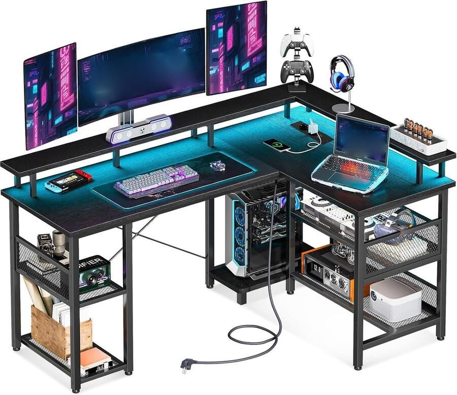 ShopHaven Gaming Bureau met LED Verlichting Omkeerbaar Gaming Bureau met 2 Stopcontacten en 2 USB Poorten Groot Gaming Bureau met Net Shelf Zwart 150 × 102 cm