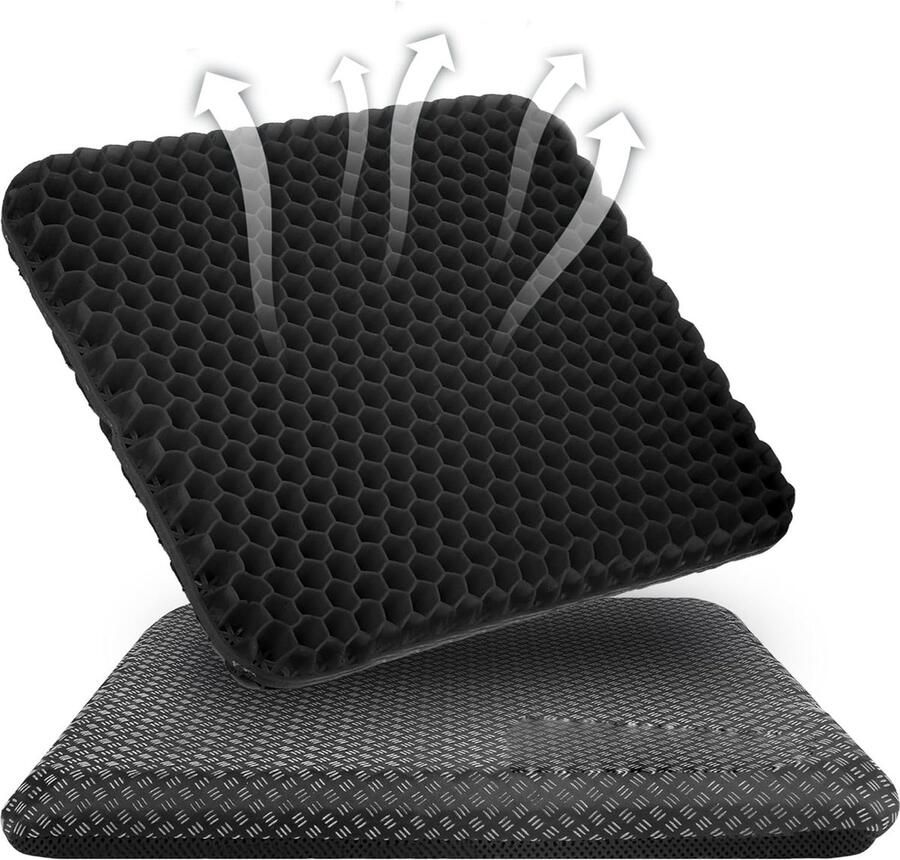 ShopHaven Gel Zitkussen Orthopedisch Dubbel Laags Verdikt Zitkussen met Antislip Stofhoes Ademend Stoelkussen Gel Kussen Zitkussen voor Bureaustoel (Zwart 43x39x4 cm)