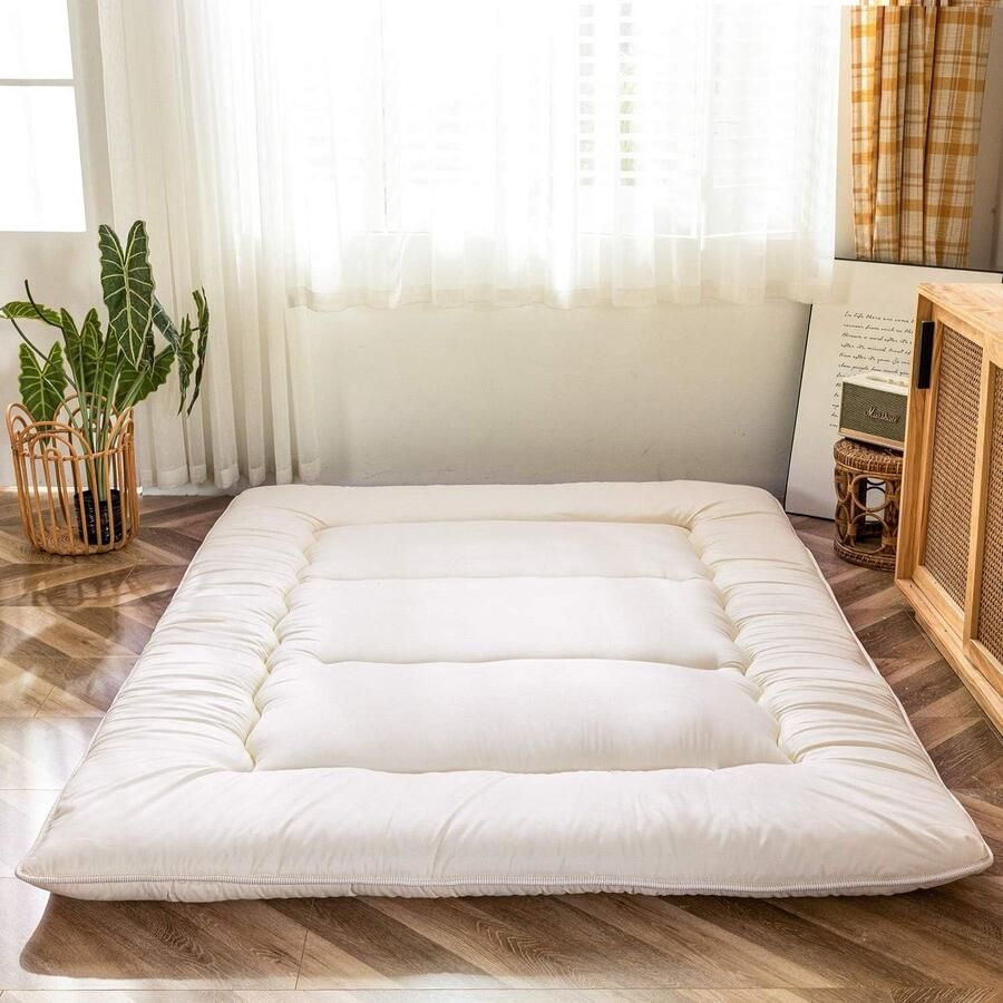 ShopHaven Gequilte Japanse Futon Matras Extra Dikke Opvouwbare Slaapmat Ademend Vloermatras Comfortabel Logeerbed Geschikt voor Camping Bank en Slaapkamer Off-White 90x190 cm