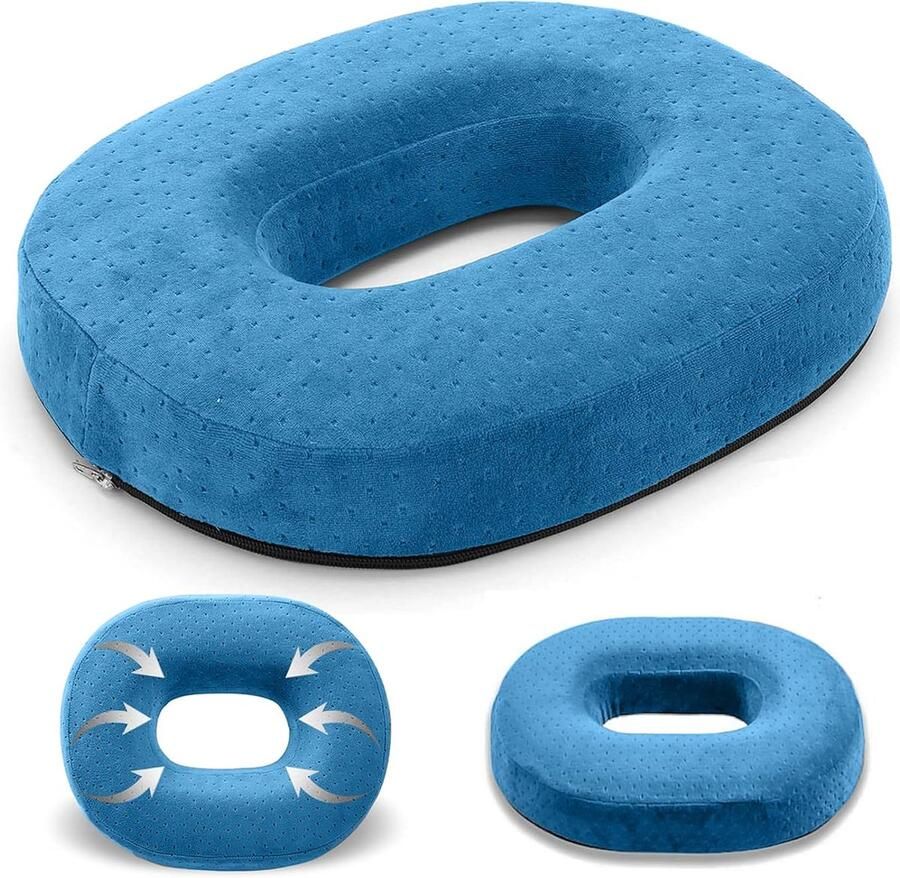 ShopHaven Hemorrhoïden Ring Kussen Orthopedisch Donut Kussen Zitkussen voor Hemorrhoïden Geheugenfoam Kussen voor Auto Kantoor Bank Blauwe Donut Kussen 38x30x7 cm