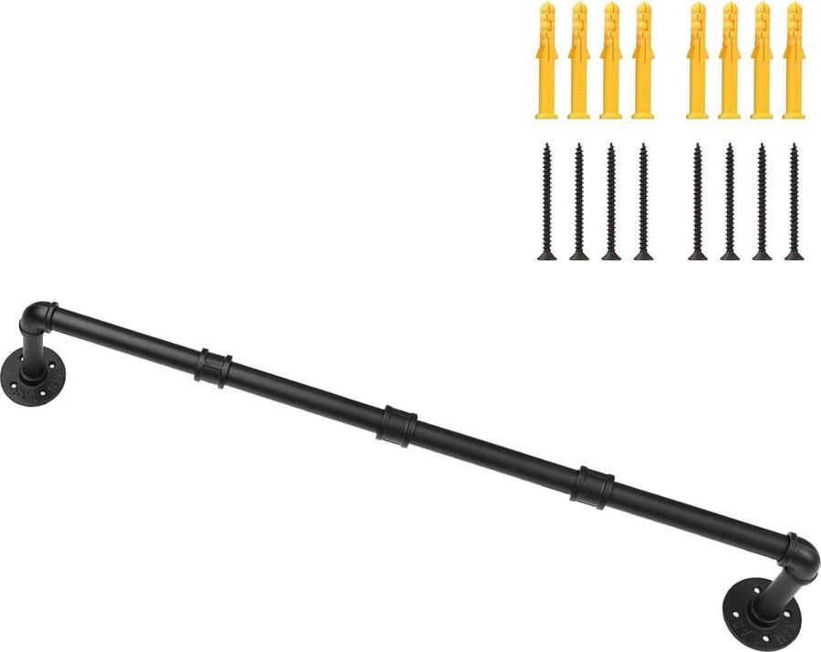 ShopHaven Industriële Kledingstang voor Aan de Muur Ruimtebesparende Oplossing met Verwijderbare Planken Zwart Staal 74cm