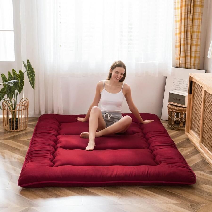 ShopHaven Japanse Futon Matras Extra Dikke Gevoerde Slaapmat Ademend en Opvouwbaar Ideaal als Logeerbed Campingmat en Vloermatras Comfortabele Topper voor Bank of Bed Bourgondisch Rood 90x200 cm
