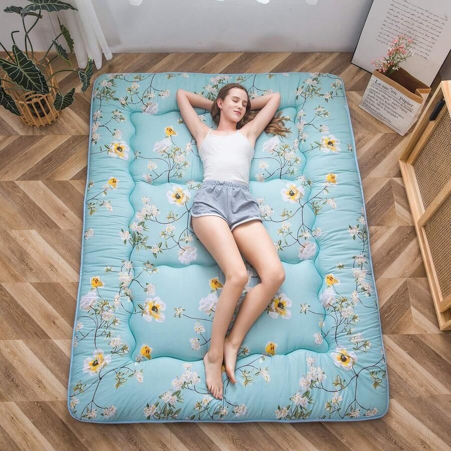 ShopHaven Japanse Futon Vloermatras Tatami Slaapmat Opvouwbaar en Draagbaar Dikke Vouwmatras voor Vloer of Logeerbed Comfortabele Slaapmat voor Studentenkamer Camping of Woonkamer Groen Bloemenpatroon Single