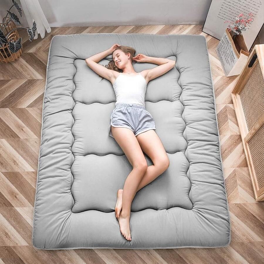 ShopHaven Japanse Vloermatras Futon Matras Verhoogde Tatami Mat Slaap Kussen Opvouwbare en Roll-up Matras Studentenhuis Matras Vloerlounger Bed Kussen Grijs Dubbel