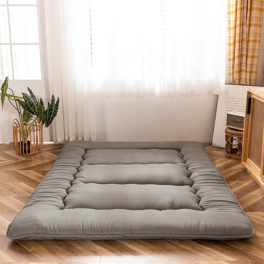 ShopHaven Japanse Vloermatras met Dikker Tatami Mat Opvouwbare en Oprolbare Futon Matras Dubbel Formaat Slaapmat met Kussen Lounger Bed voor Dormitory en Woonkamer Antracietgrijs vol