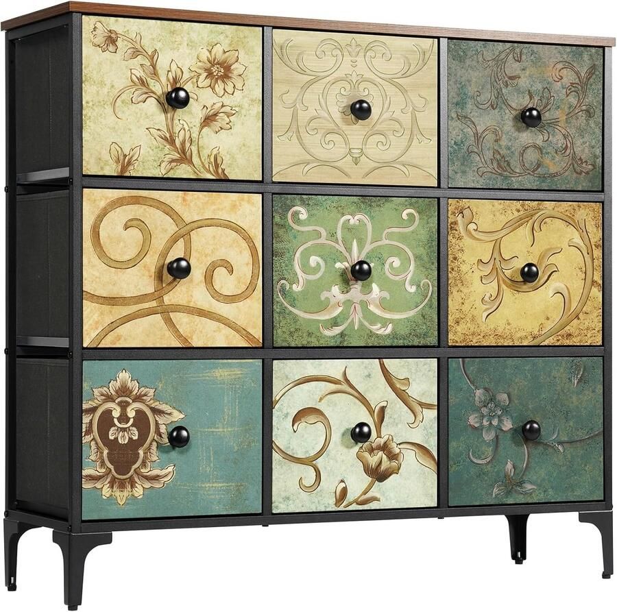 ShopHaven Kast met 9 Laden Slaapkamer Ladekast Kledingkast met Stoffen Laden 9-Lade Opbergkast Keukenkast Hal Kast Bureau Opbergkast Landelijke Stijl Meubel Multifunctionele Opberger Maatnaam: 29 7D x 91 9B x 100H cm (9 geladen)