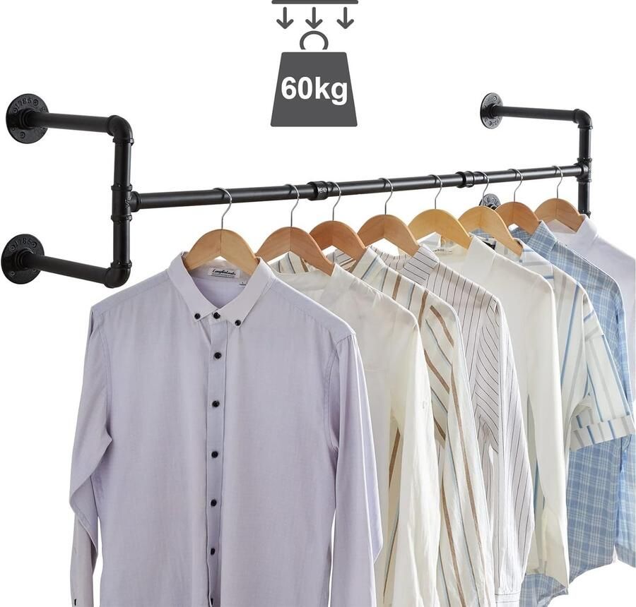 ShopHaven Kledingstang voor Aan de Muur Industrieel Ontwerp Verwijderbare Planken Ruime Capaciteit Staalconstructie Eenvoudige Montage Trendy en Functioneel 100x30x25 cm Zwart Draagcapaciteit 20 kg