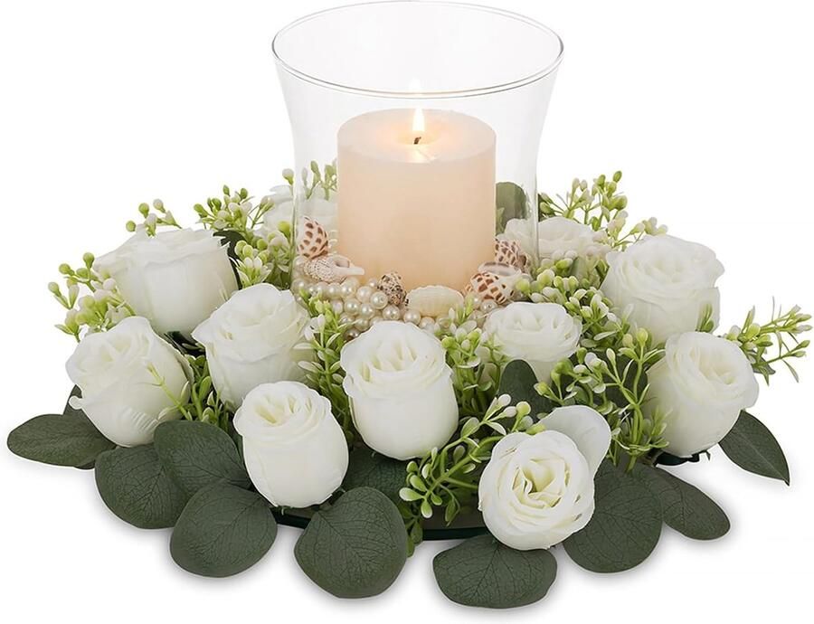 ShopHaven Kunstbloemen Krans met Glazen Stormlantaarn 34 cm Witte Kunstbloemen Vaas voor Pilaren en Drijfkaarsen Deurkrans Buiten Bruiloft Centrepieces Tafel Decoraties