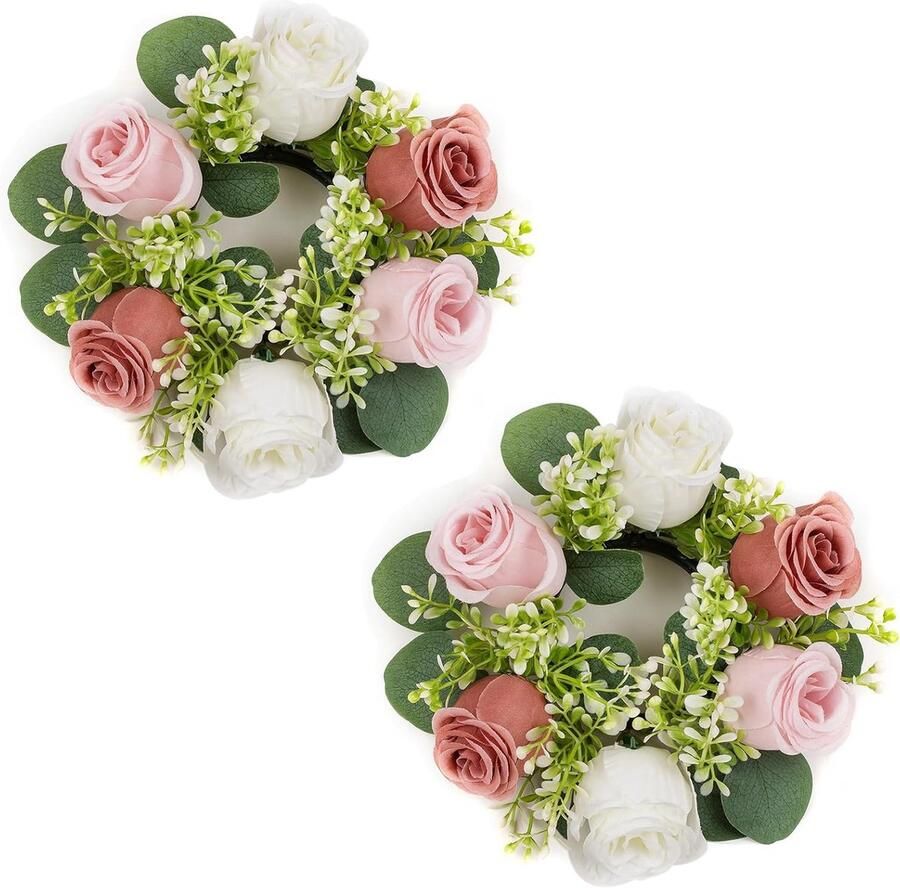ShopHaven Kunstmatige Bloemenkrans Set van 2 22 cm Diameter Roze en Witte Nepbloemen Decoratie voor Bruiloften Voorjaars- en Zomerkransen Perfect voor Deur Tafel en Feesten
