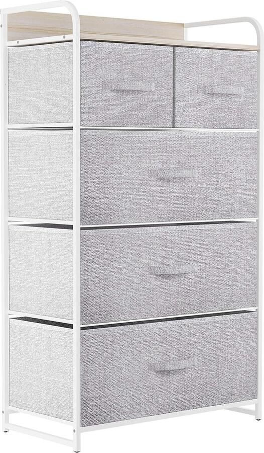 ShopHaven Ladekast 5 Lades Opbergorganizer van Non-woven Stof voor Slaapkamer en Woonkamer Stevige Stalen Frame Eenvoudig Te Trekken Stoffen Bins en Houten Bovenkant Stof Dressoir