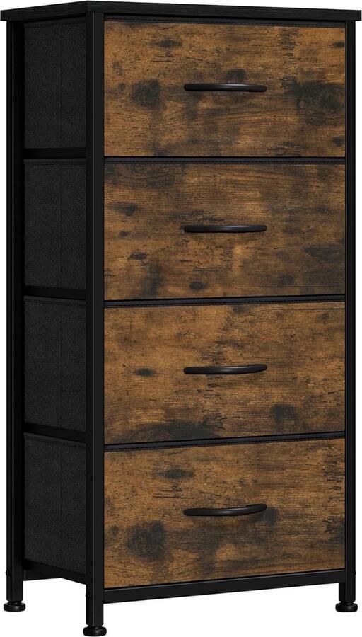 ShopHaven Ladekast met 4 Lades voor Slaapkamer Stof Ladekast met Handgrepen Opbergkast met Metaal Frame voor Woonkamer Hal Kinderkamer Rustiek Bruin