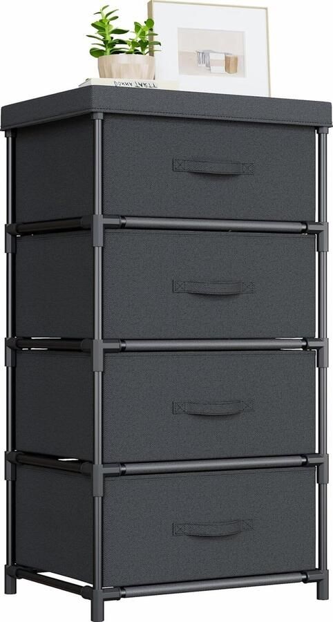 ShopHaven Ladekast met 4 Stoffen Lades Zwart Opbergmeubel Stevig Stalen Frame Organizer voor Slaapkamer Woonkamer Hal Kantoor en Kast Compact en Modern Design