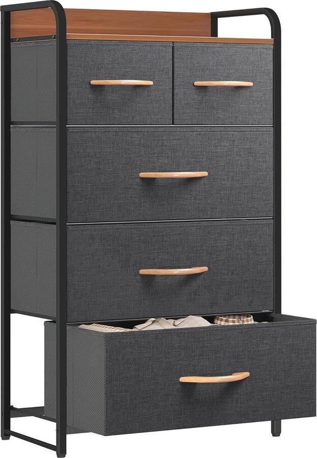 ShopHaven Ladekast met 5 Lades Cationisch Stof Opberg Organizer voor Slaapkamer Woonkamer Kledingkast Stevig Stalen Frame Eenvoudig Trekbare Stof Lades en Houten Bovenblad Donkergrijs Stoffen Ladekast