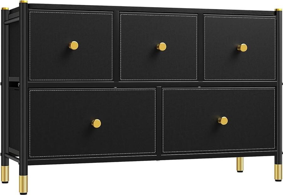 ShopHaven Ladekast met 5 Lades PU Lederen Opberg Lades Dresser met Stevig Metaal Frame Voor Slaapkamer Woonkamer Gang en Kinderkamer Zwart
