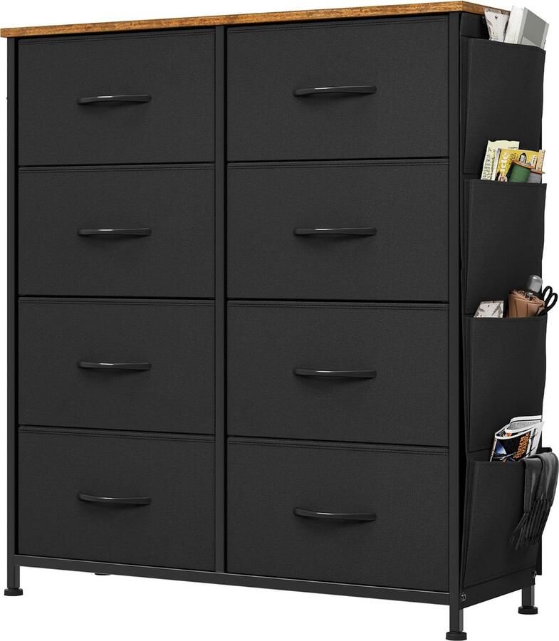 ShopHaven Ladekast met 8 Lades Sideboard met Zijkanten en Haken Stoffen Opbergkast met Handvatten Metaal Frame en Houten Bovenblad voor Slaapkamer Woonkamer Kinderkamer Hal Zwart