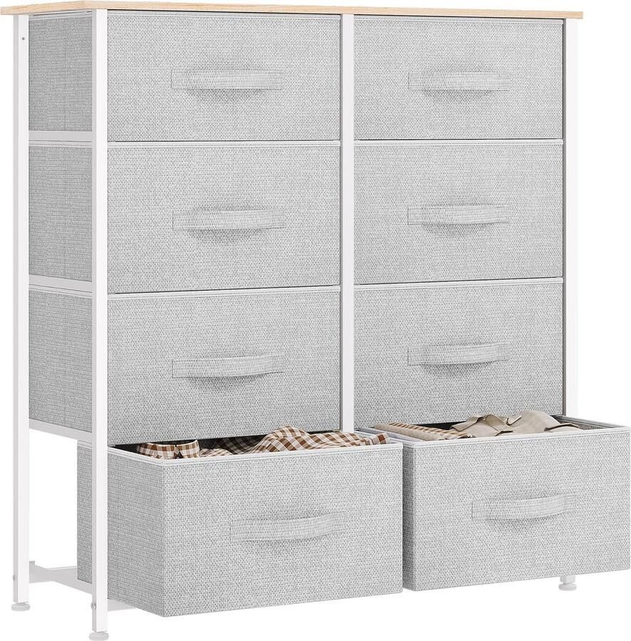 ShopHaven Ladekast met 8 Stoffen Lades Opbergmeubel met Houten Bovenblad Stevig Stalen Frame Organizer voor Slaapkamer en Woonkamer Makkelijk Te Openen Stoffen Bakken Moderne Opbergkast