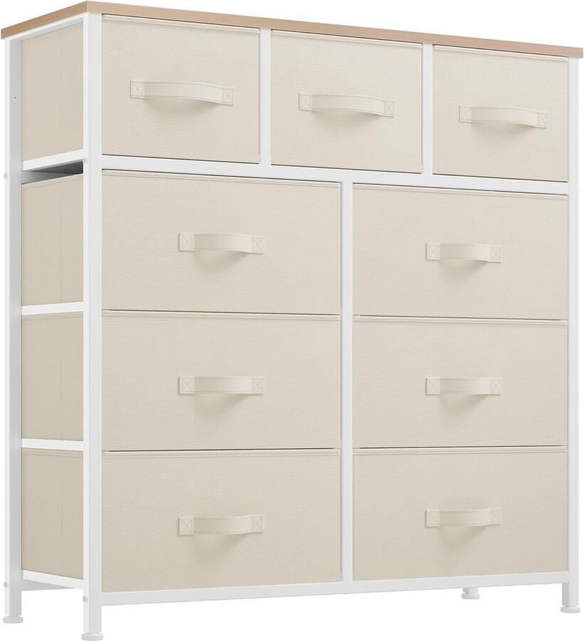 ShopHaven Ladekast met 9 Lades voor Slaapkamer Stof Dressoir met Handgrepen Opbergladen met Metaal Frame voor Woonkamer Hal Kinderkamer Crème Wit