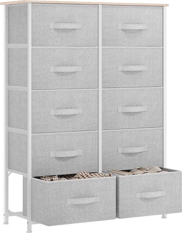 ShopHaven Ladenkast met 10 Lades Opberg Organizer met Stalen Frame en Houten Bovenblad Dressoir voor Slaapkamer of Woonkamer Stevige Stof Lades met Gemakkelijk te Trekbare Handgrepen Organisatiekast